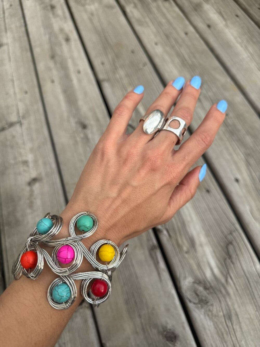 Vintage Boho Wire Wrapped Cuff Bracelet - Colorful Dyed Stone Beads